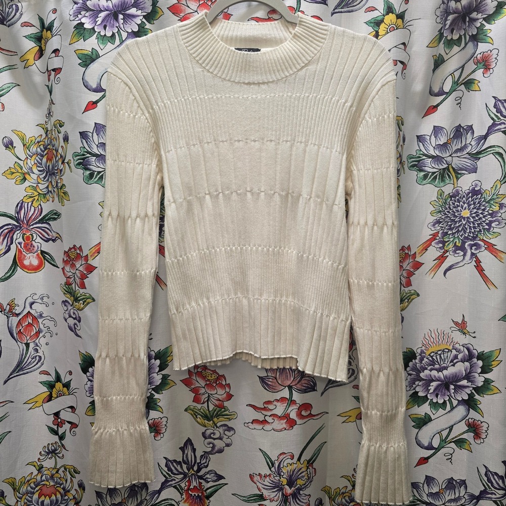 Rails White Ribbed Cotton Cashmere Blend Crew Neck Sweater Flared Cuff Cream L